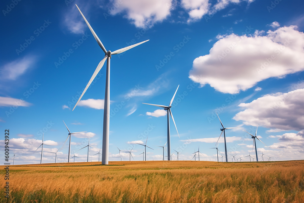 Wind turbines on a open field , green energy environment , AI Generated Wind turbines on a open field , green energy environment , AI Generated