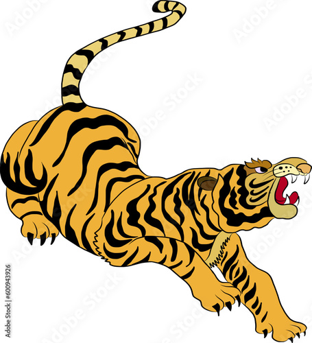 Tiger Sticker tattoo design,Cartoon tiger on black background.Vector.Traditional Japanese culture for printing on background.