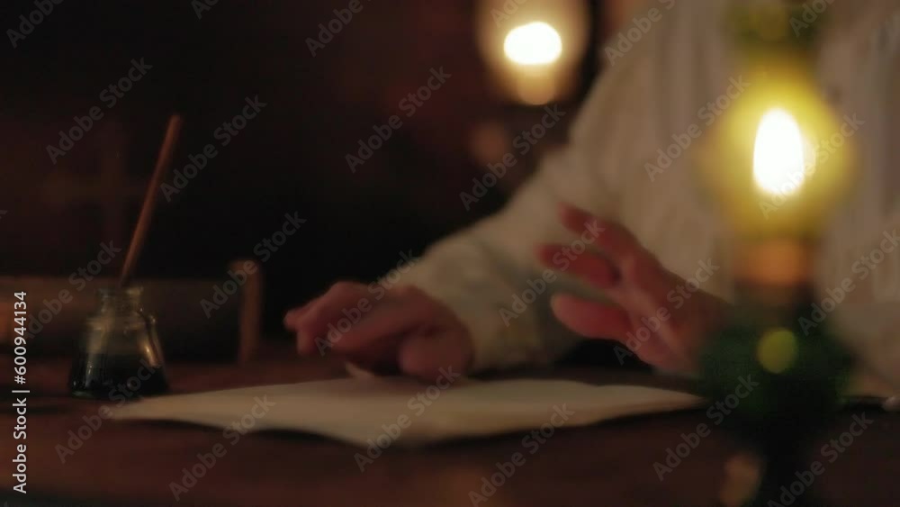 Woman prepares to write letter with dip pen Woman prepares to write letter with dip pen