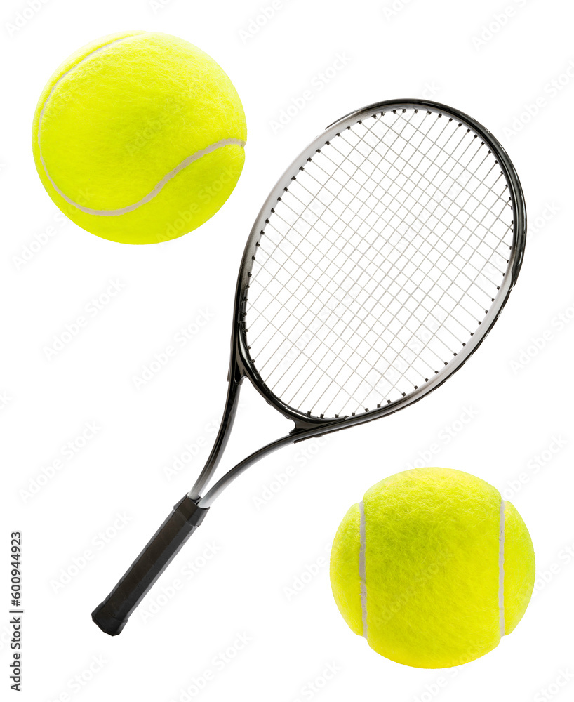 Tennis racket and Tennis ball isolated on white background, Tennis racket and Yellow Tennis ball sports equipment on white With work path.