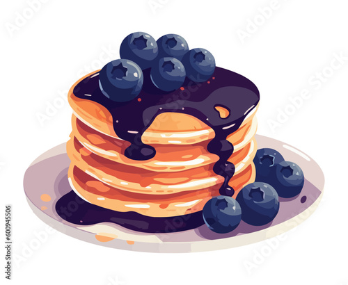 Stack of homemade pancakes with blueberry syrup