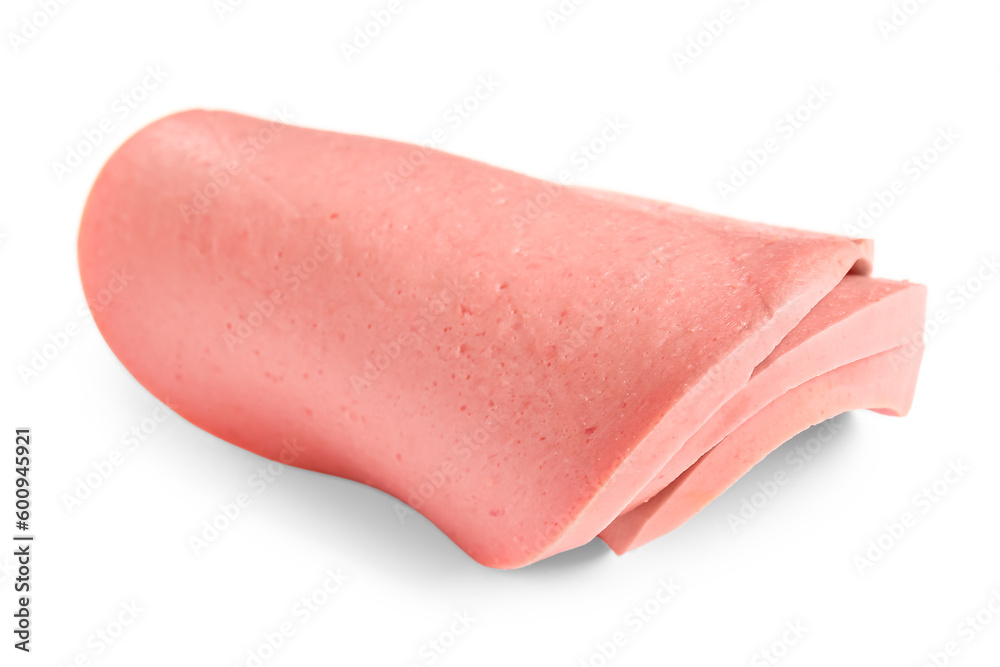 Slices of tasty boiled sausage on white background Slices of tasty boiled sausage on white background