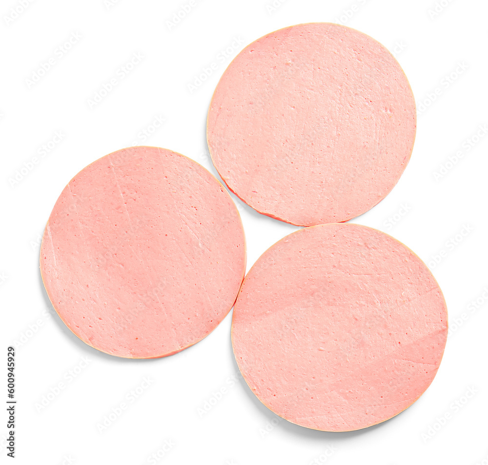 Slices of tasty boiled sausage on white background Slices of tasty boiled sausage on white background