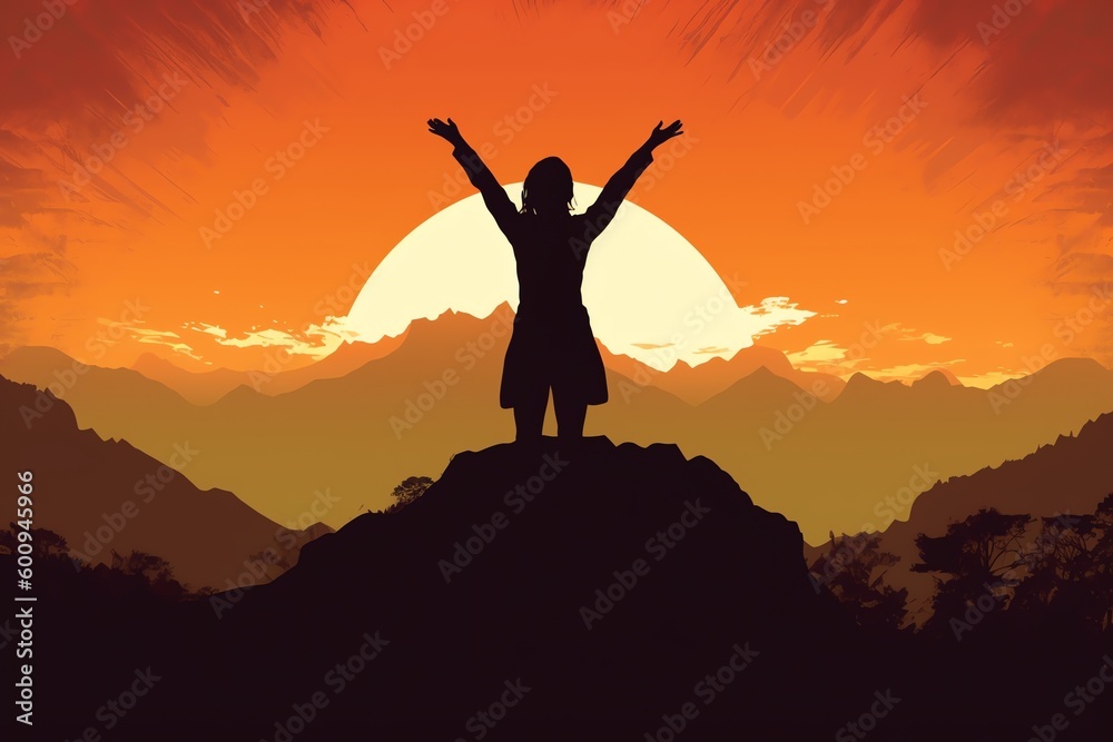 Woman at the top of a hill with open hands Woman at the top of a hill with open hands