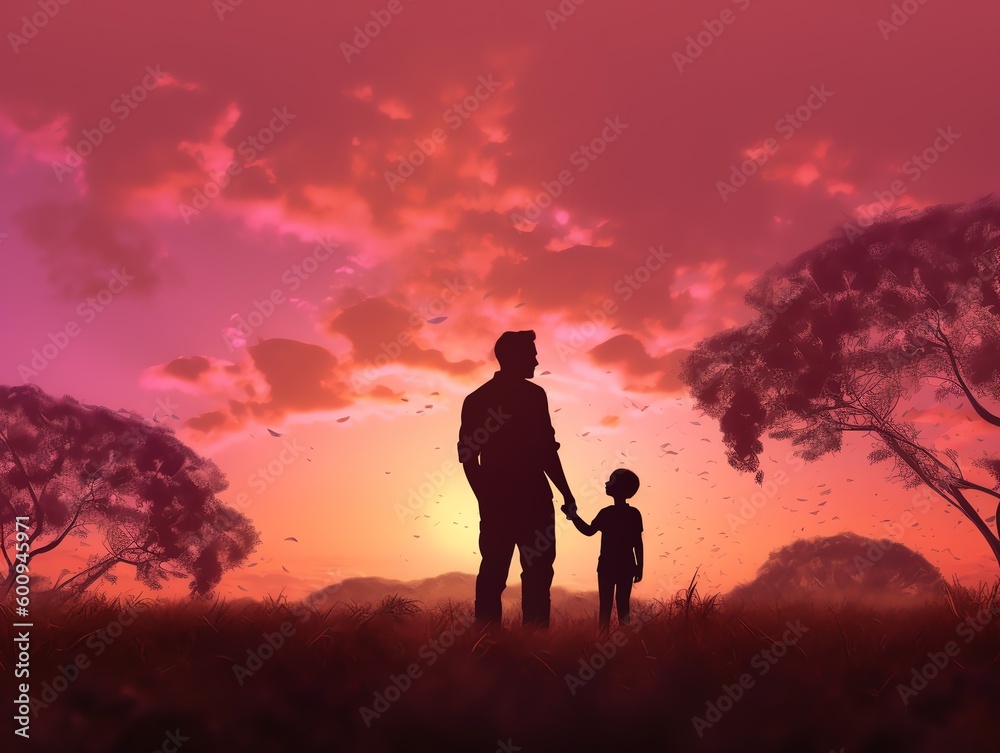 Man taking the hand of his child in the sunrise
