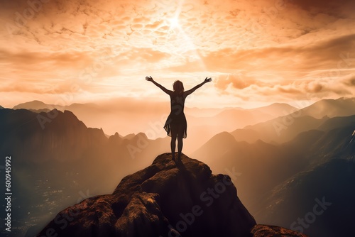 A woman standing on a rock with her arms outstretched.