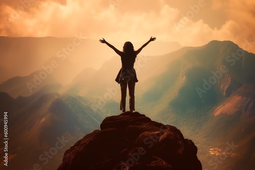 A woman standing on a rock with her arms outstretched.