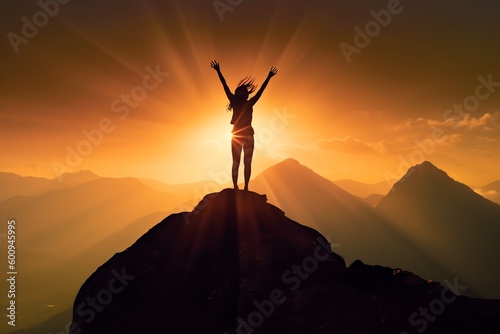 Woman at the top of a mountain in sunset
