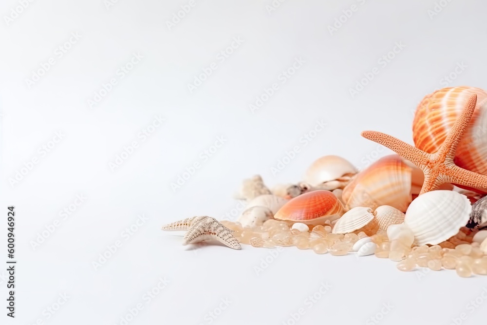 pile of colorful seashells and starfish on a white background Generative AI pile of colorful seashells and starfish on a white background Generative AI