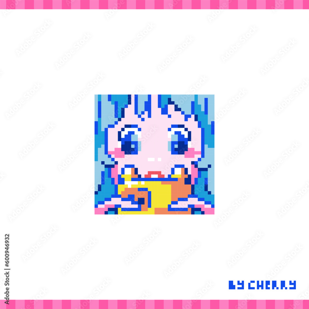 Pixel art avatar with cute girl making selfie. Retro 8 bit style illustration of female character with phone or photo camera. Funny icon, decorative element, sticker or badge. Pixel art avatar with cute girl making selfie. Retro 8 bit style illustration of female character with phone or photo camera. Funny icon, decorative element, sticker or badge.