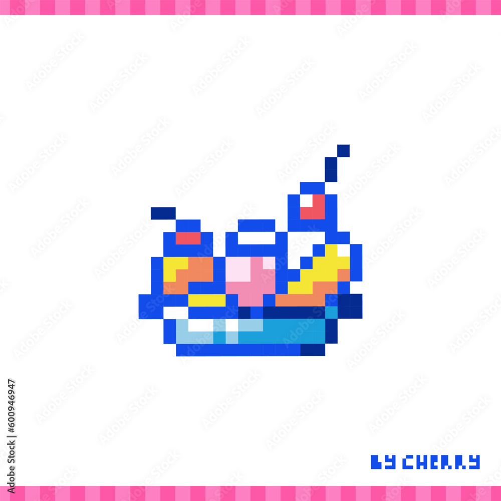 Pixel art retro Banana Split. 90s 8bit style illustration of banana sweet dessert ice cream. Cute pixel art food sticker or game element. Pixel art retro Banana Split. 90s 8bit style illustration of banana sweet dessert ice cream. Cute pixel art food sticker or game element.