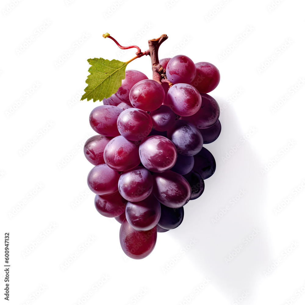 Fototapeta premium Ideal fresh red grapes with leaves, isolated on a white background, generative AI