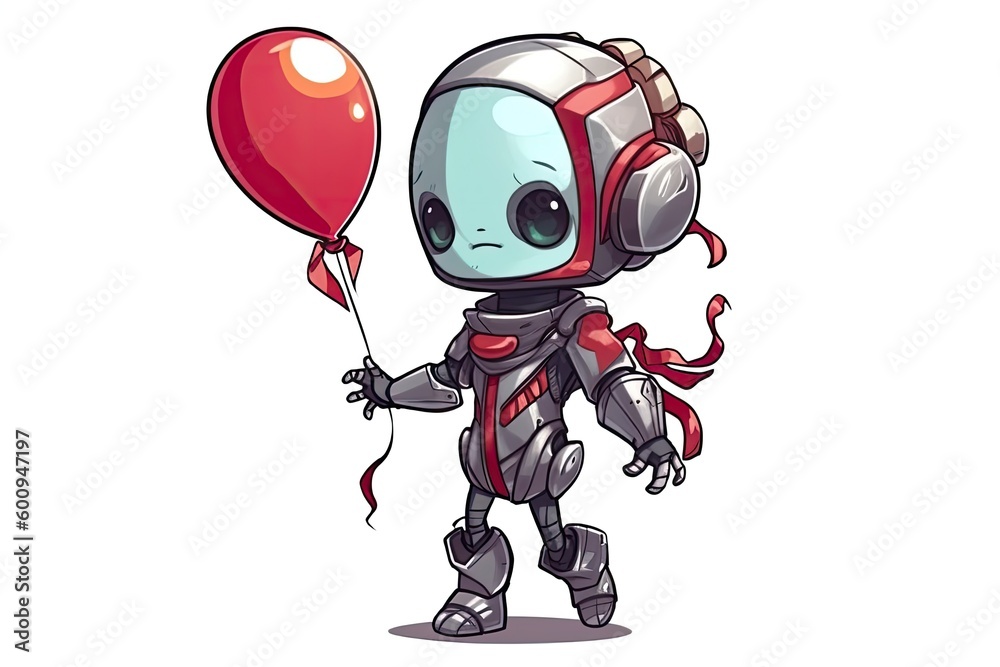 friendly robot holding a bright red balloon Generative AI