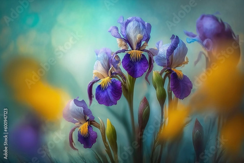 Fresh spring violet Iris flower blooming with blur background. Generative AI