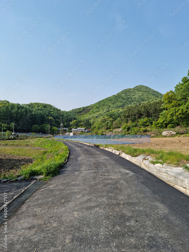 It is an asphalt road in the countryside.