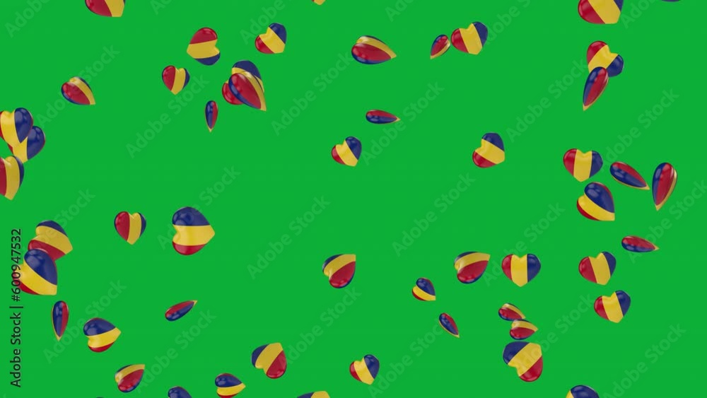 Romania flag on 3d heart. Loop Animation of flag hearts in green screen. Country flag on 3d heart Romania flag on 3d heart. Loop Animation of flag hearts in green screen. Country flag on 3d heart