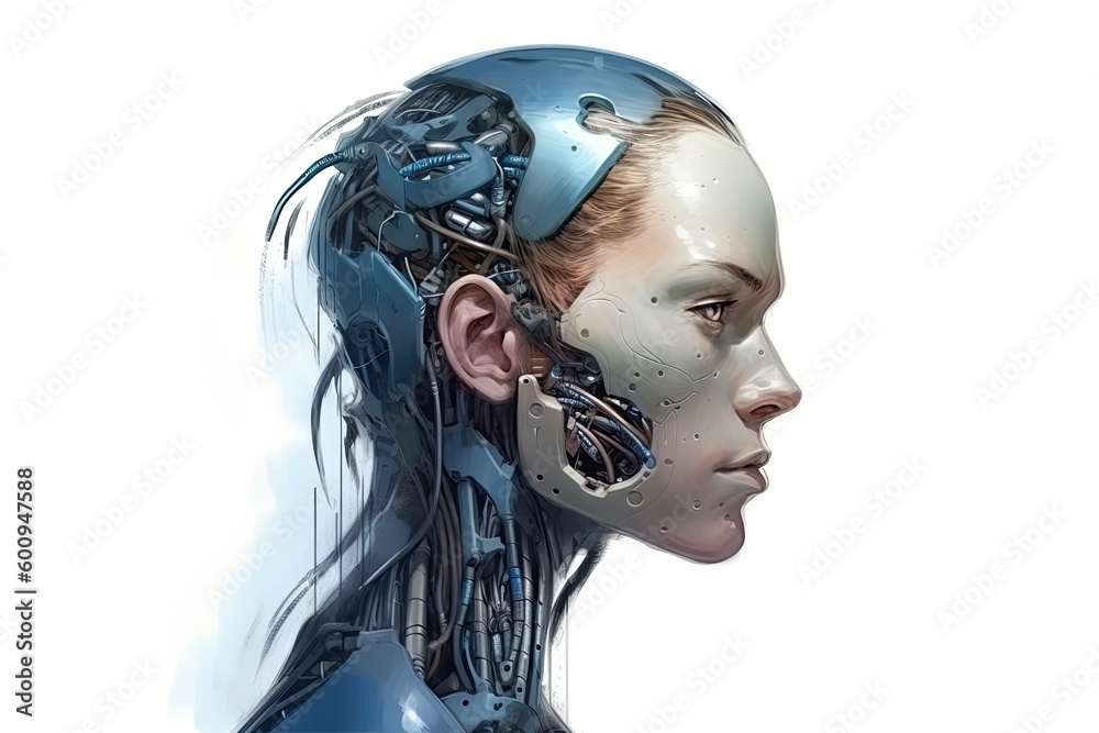 womans head with a robotic face, blending human and machine elements Generative AI womans head with a robotic face, blending human and machine elements Generative AI