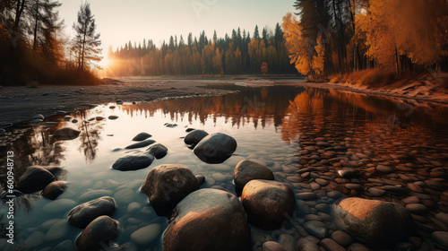 forest river with stones on shores at sunset 