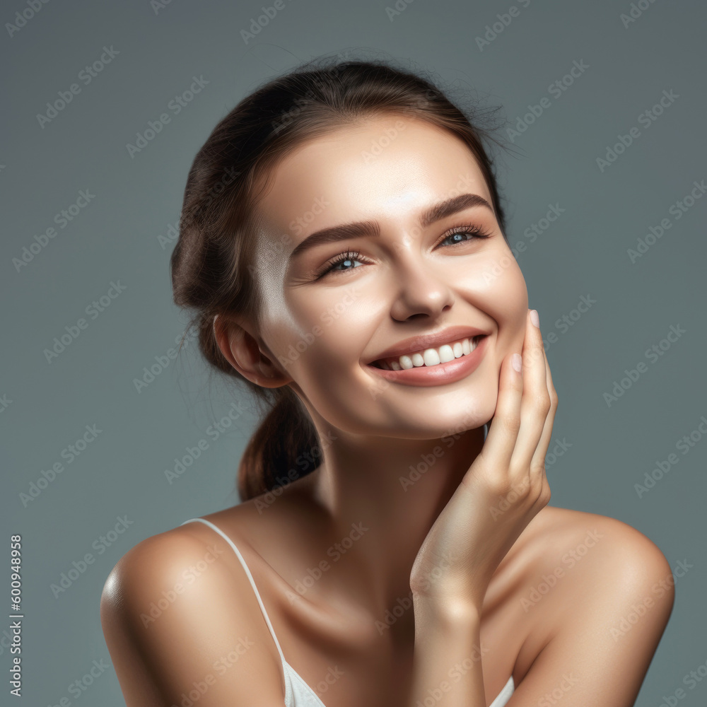 Happy model touching face, studio background. Generative AI Happy model touching face, studio background. Generative AI