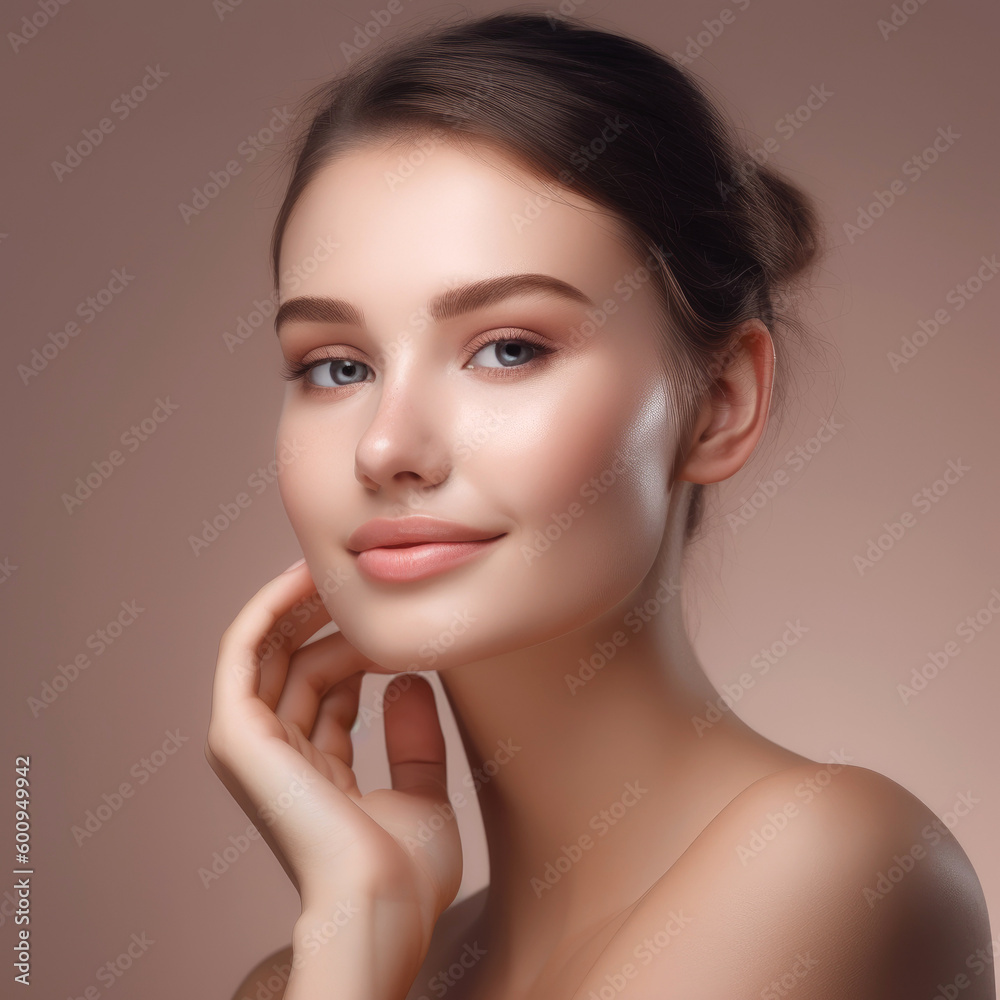 Happy model touching face, studio background. Generative AI Happy model touching face, studio background. Generative AI