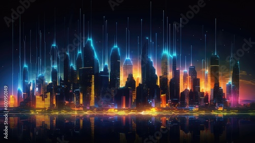 Neon Night skyline with glowing lights, Neon 3D abstract mountains, 3d abstract cit inside Metavarse Virtual World creates a magical environment with a heavy neon glow, wallpaper and backgrounds