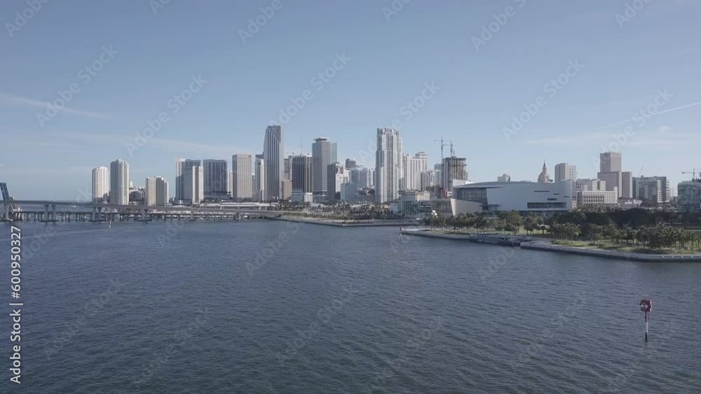 establishing shot of miami downtown cityscape with drone coming towards city scape during the day establishing shot of miami downtown cityscape with drone coming towards city scape during the day