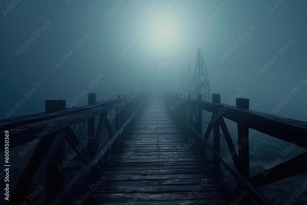 Fototapeta premium Wooden bridge in fog. Generative AI.