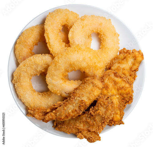 Fried shrimp donut and Crispy Fried Chicken Breast Cutlets in white plate on white background, Fried Chicken and shrimp donut on white PNG file.