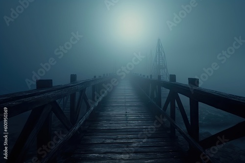 Wooden bridge in fog. Generative AI.