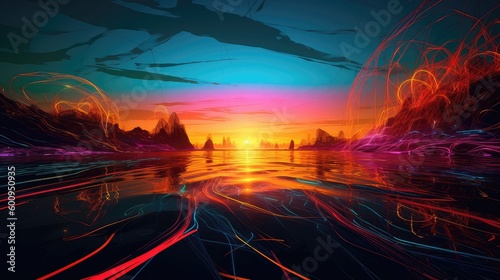 Neon colorful and quite cool lake with smoky mountain and glowing water with forest, Neon 3d Landscape inside Metavarse Virtual World creates a magical environment with a heavy aqua, yellow, blue, glo