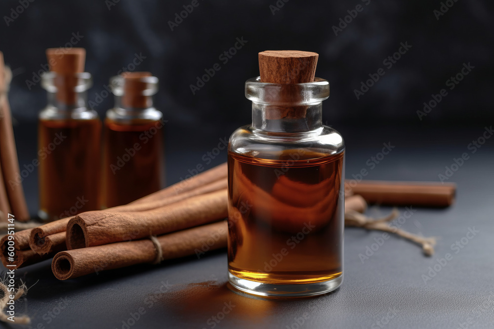 Essential oil extract Cinnamon Cassia into a little bottle on wooden table. Created with generative AI tools