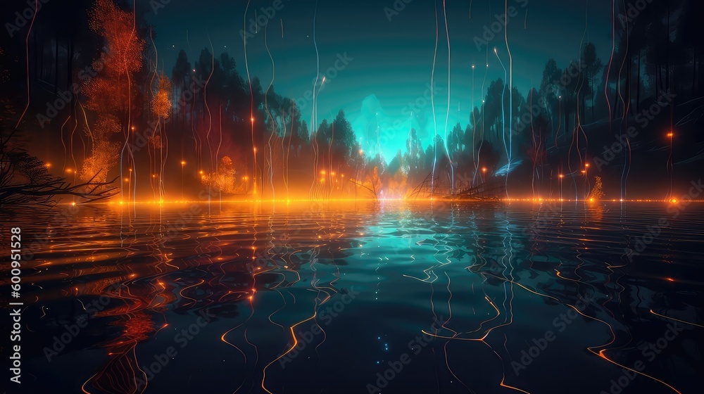 Obraz premium Neon glowing fire in the lake with glowing forest with water inside magical environment, virtual reality world with Neon 3d Abstract Landscape inside Metaverse world with glowing neon light and glow