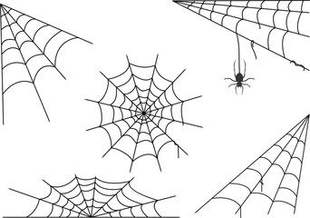 Set of web silhouettes. Spider web collection for halloween. Black and white illustration of elements spider web
