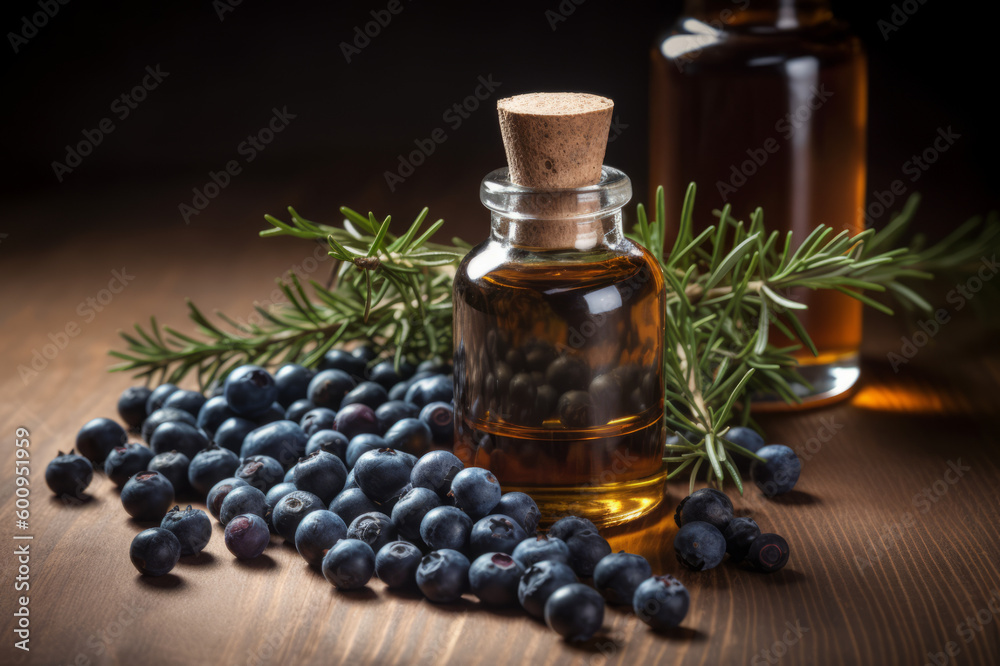 A bottle of essential oil with fresh juniper twigs on a table. Created with generative AI tools A bottle of essential oil with fresh juniper twigs on a table. Created with generative AI tools