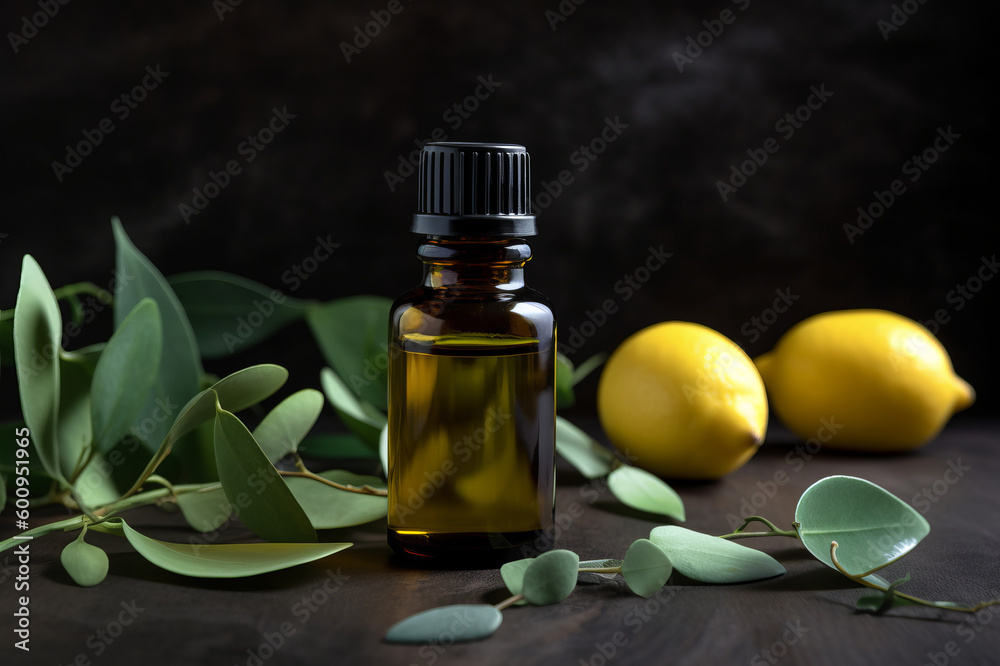 Lemon and eucalyptus leaves essential oil and fresh lemons on the wooden table. Created with generative AI tools Lemon and eucalyptus leaves essential oil and fresh lemons on the wooden table. Created with generative AI tools