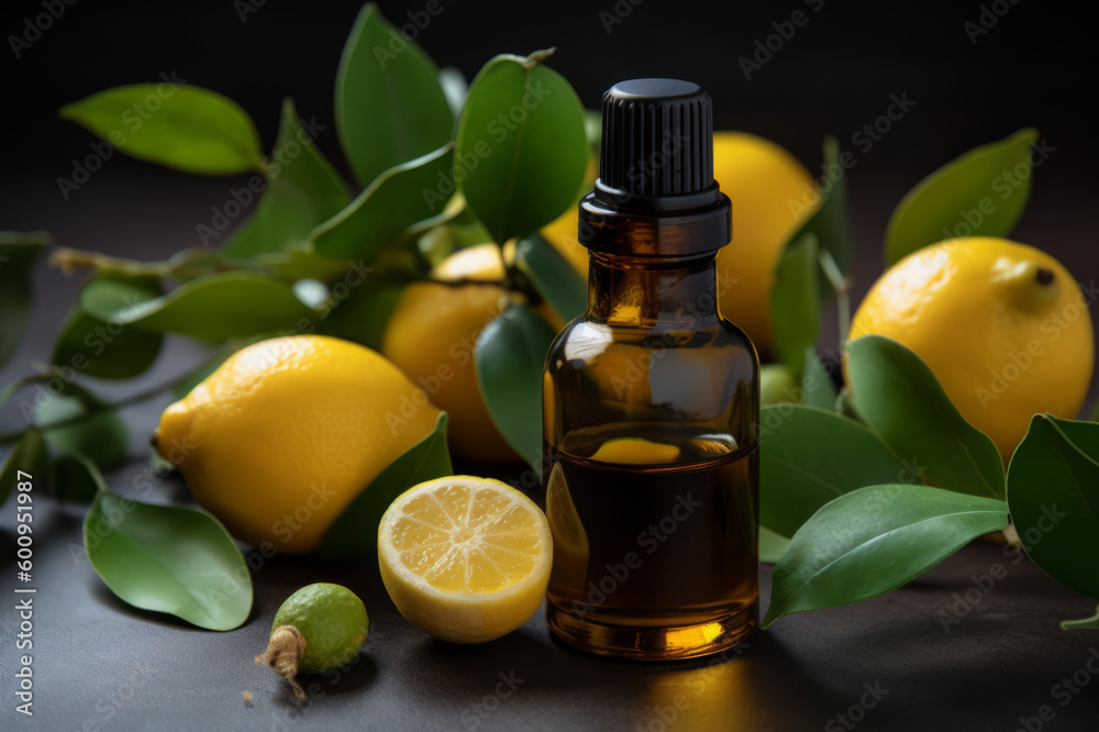 Lemon and eucalyptus leaves essential oil and fresh lemons on the wooden table. Created with generative AI tools Lemon and eucalyptus leaves essential oil and fresh lemons on the wooden table. Created with generative AI tools