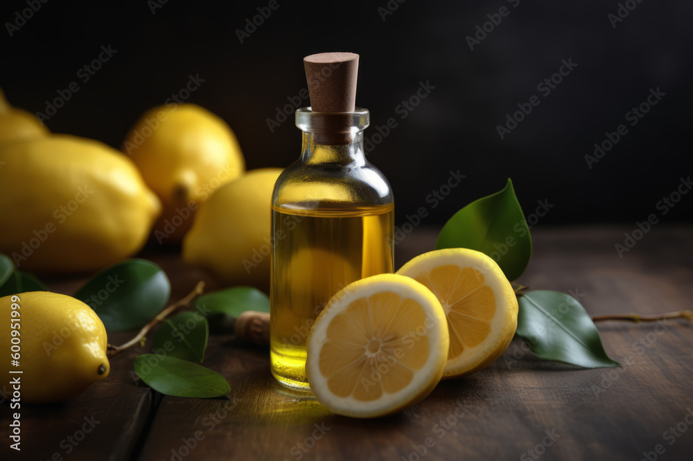 Lemon essential oil and fresh lemons on the wooden table. Created with generative AI tools Lemon essential oil and fresh lemons on the wooden table. Created with generative AI tools