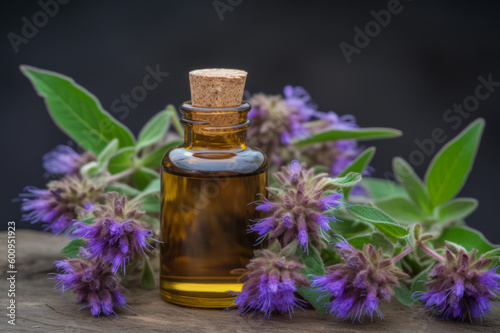 Essential oil of Pennyroyal on a wooden rustic background. Created with generative AI tools