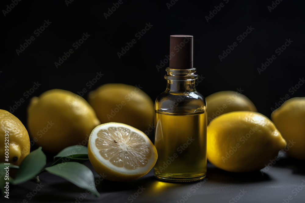 Lemon essential oil and fresh lemons on the wooden table. Created with generative AI tools Lemon essential oil and fresh lemons on the wooden table. Created with generative AI tools