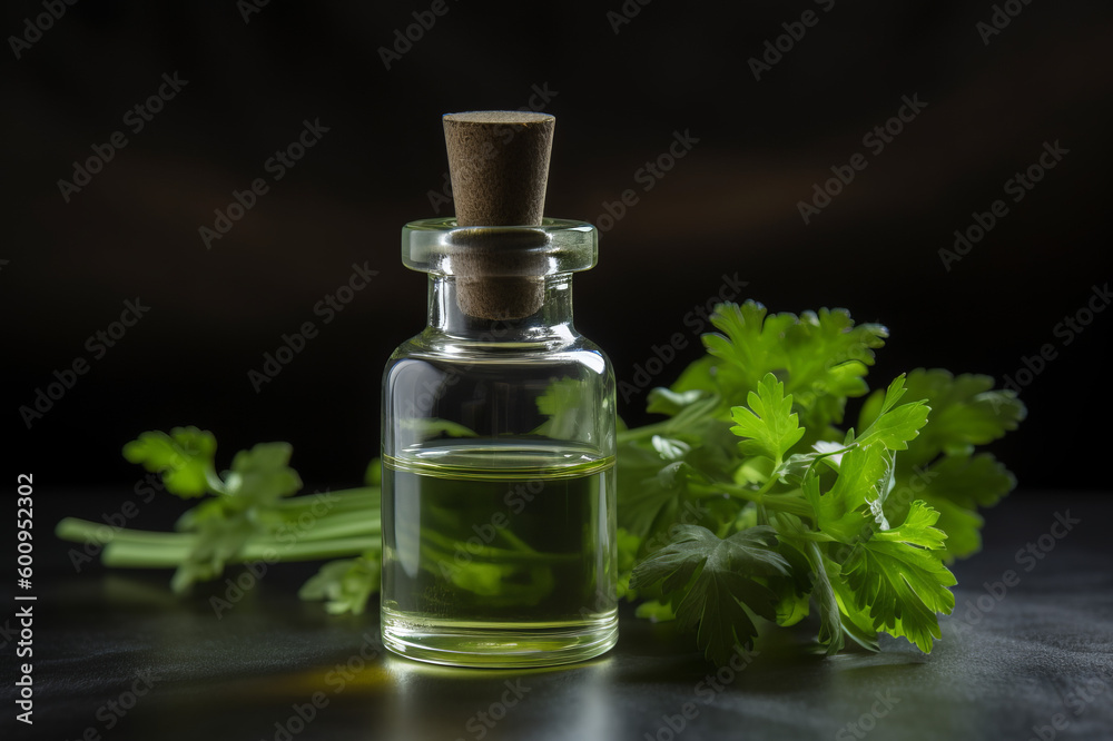 Parsley essential oil extract into a little bottle on the wooden background. Created with generative AI tools Parsley essential oil extract into a little bottle on the wooden background. Created with generative AI tools