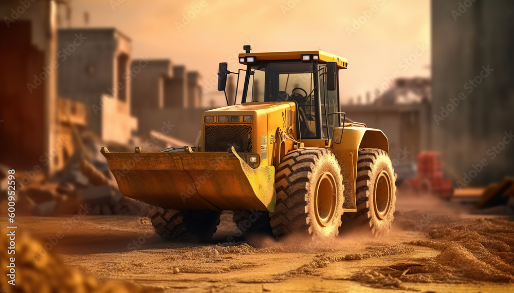 Fototapeta premium Photo a grader working at construction site. Realistic photograph