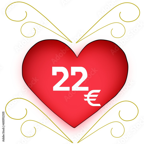 22 euro inside red heart and golden line. Twenty two euro white.