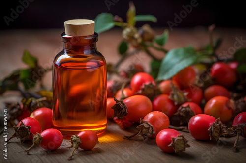 Rosehip essential oil and fresh Rosehip fruits on the wooden table. Created with generative AI tools