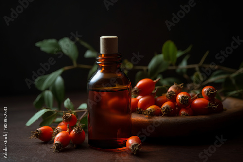 Rosehip essential oil and fresh Rosehip fruits on the wooden table. Created with generative AI tools