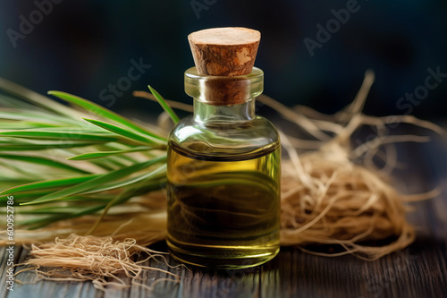 Floral and ayurvedic essence of herb Vetiver grass or Khus in a small bottle used in many beverages of Indian and Asia with fresh vetiver grass. Created with generative AI tools photo