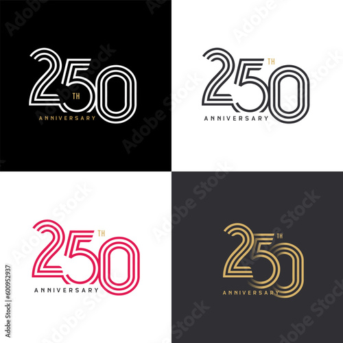 250 years anniversary vector number icon, birthday logo label, black, white and colors with stripe number