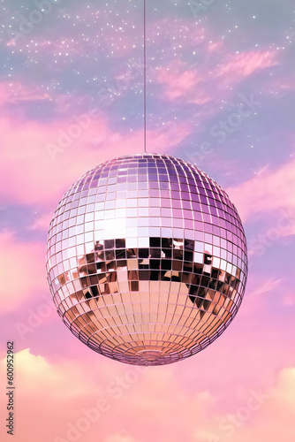 disco ball hanging on pink pastel dusk cloud background, made with generative ai photo