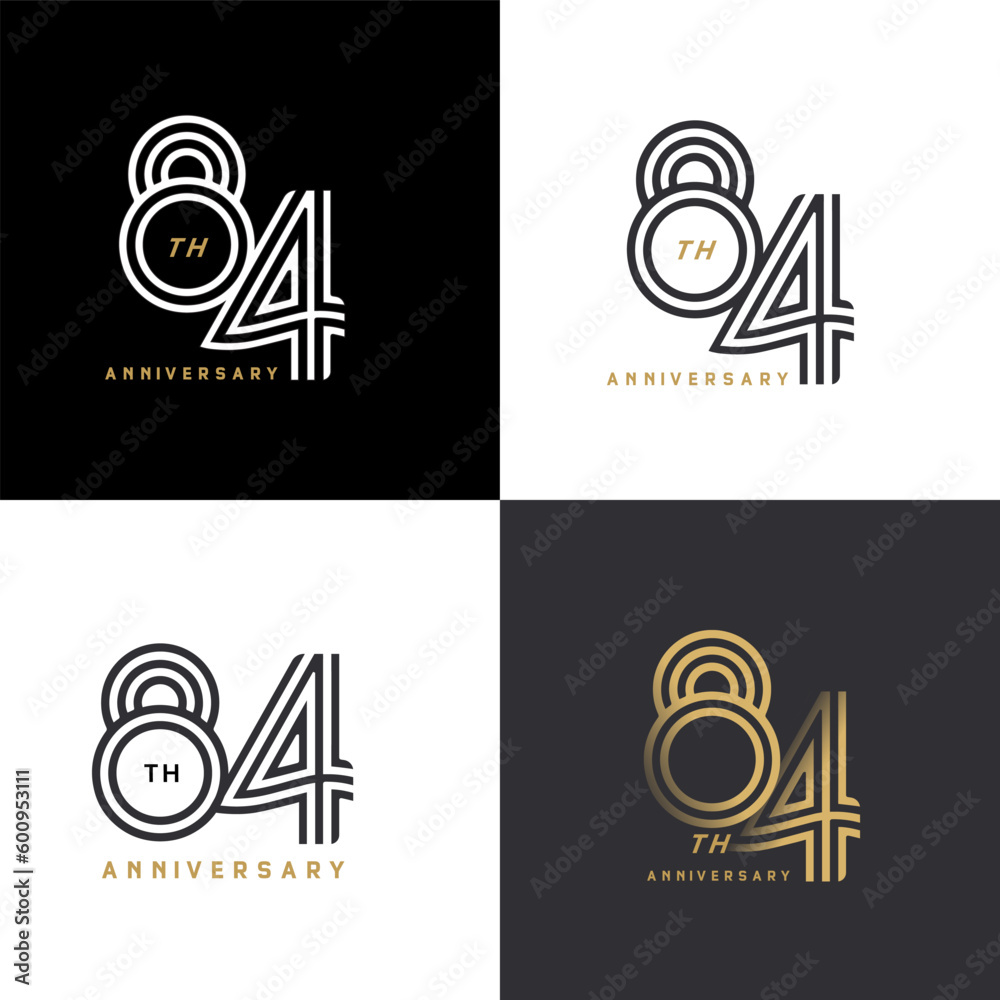 84 years anniversary vector number icon, birthday logo label, black, white and colors with stripe number 84 years anniversary vector number icon, birthday logo label, black, white and colors with stripe number