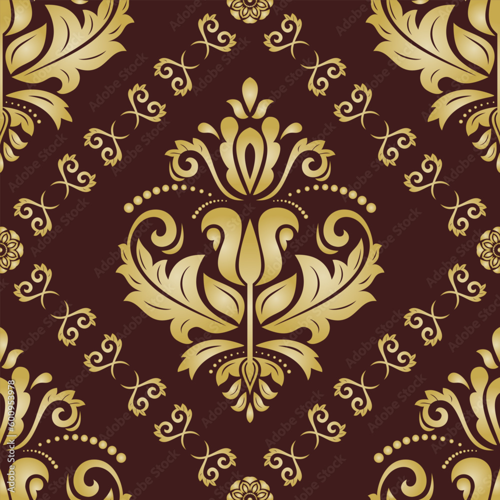 Classic seamless vector pattern. Damask orient brown and golden ornament. Classic vintage background. Orient pattern for fabric, wallpapers and packaging Classic seamless vector pattern. Damask orient brown and golden ornament. Classic vintage background. Orient pattern for fabric, wallpapers and packaging