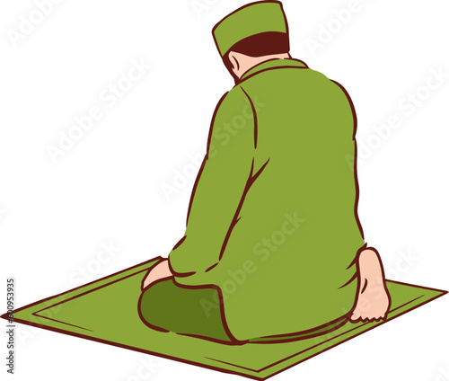 Islamic Man Sitting in Prayer Position Flat Hand Drawn Illustration